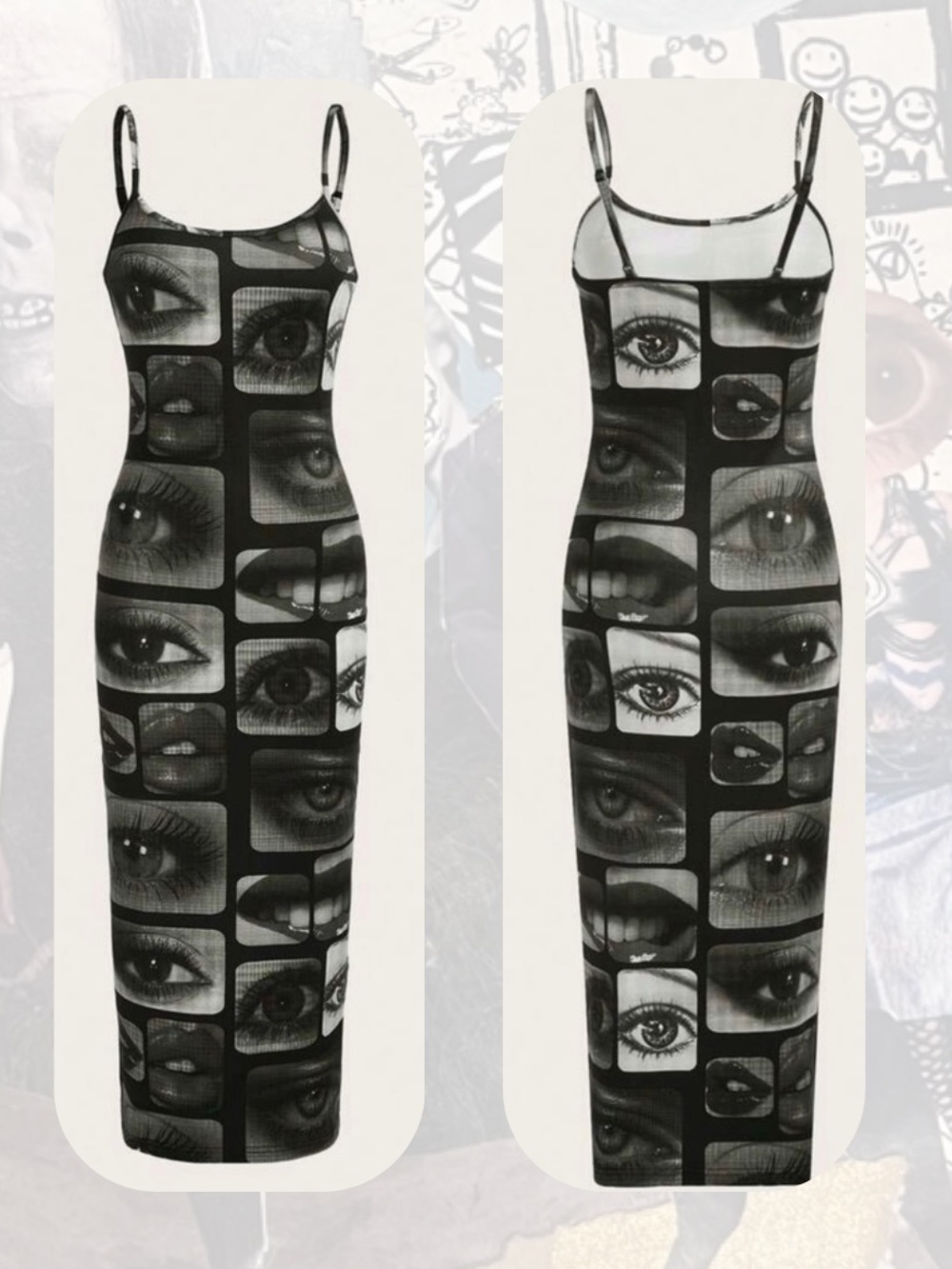SHEIN ICON Black White Gray Spaghetti Strap Abstract Lips Eyes print Dress